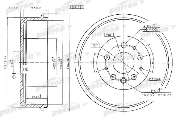 PATRON PDR1210 Барабан тормозной задн VW: TRANSPORTER IV c бортовой платформой 90-03, TRANSPORTER IV автобус 90-03, TRANSPORTER IV фургон 90-03