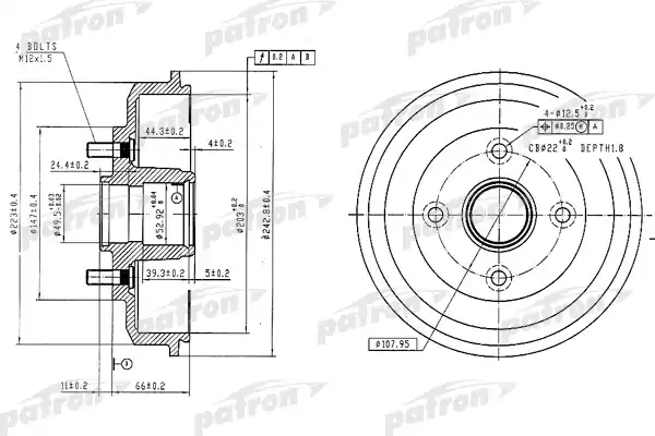 PATRON PDR1584 Барабан тормозной задн FORD: FOCUS 98-04, FOCUS седан 99-04, FOCUS универсал 99-04