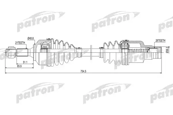 PATRON PDS0131 Полуось правая 21x754x48.5x26 CITROEN: C2 03-, C3 02-, C3 PLURIEL 03-