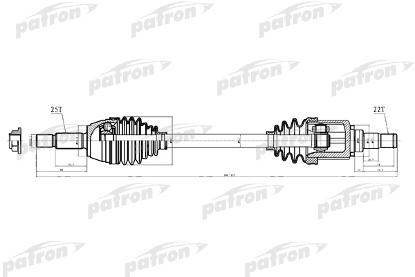PATRON PDS0221 Полуось передняя левая 25x606x53,3x22 FORD: FIESTA V 01-, FUSION 02-