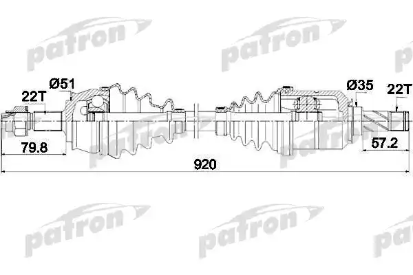 PATRON PDS0284 Полуось передняя правая 22x920x51x22 OPEL: CORSA D 1.2/1.4 06-