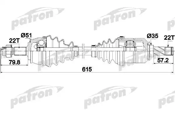 PATRON PDS0285 Полуось передняя левая 22x615x51x22 OPEL: CORSA D 1.0/1.2/1.4 06-