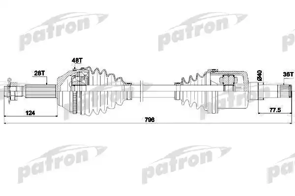 PATRON PDS0302 Полуось левая 28x796x104,5x36 ABS: 48T FORD TRANSIT C БОРТОВОЙ ПЛАТФОРМОЙ VII, TRANSIT ФУРГОН VII 06-
