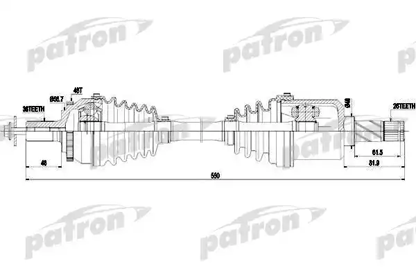 PATRON PDS0438 Полуось левый 36X550X26 ABS: 48T VOLVO: S80 I 2,4 2,4D 2,4T 99-06