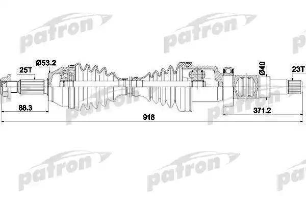 PATRON PDS0451 Полуось пер. прав. 25x918x53.2x23 FORD Fiesta 01- / Fusion 02- (от подш. до конца вала - 411 мм    )