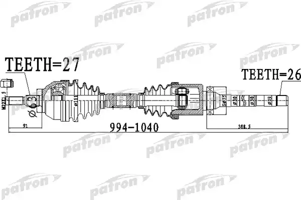 PATRON PDS0485 Полуось передний мост справа 27x994x63x26 FORD KUGA I 2.0 TDCI 2008-