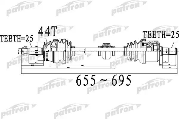 PATRON PDS0488 Полуось передний мост слева 25X655X71,8X25 ABS:44T HYUNDAI COUPE [CB] 01 - ELANTRA [CA] 00 -