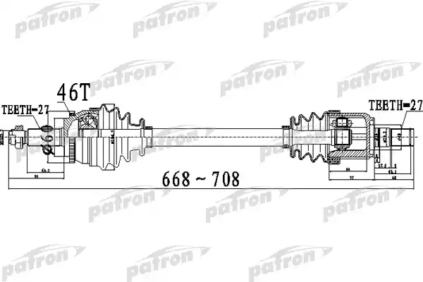 PATRON PDS0498 Полуось передний мост слева 27X668X60X27 ABS:46T HYUNDAI ELANTRA [SD] 11 - I30 [A5] 12 - АТ