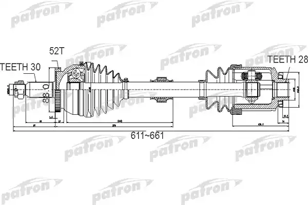 PATRON PDS0501 Полуось передний мост справа 30x611x88x28 ABS:52T HYUNDAI SANTA FE II (CM) 2.2 CRDI 05-