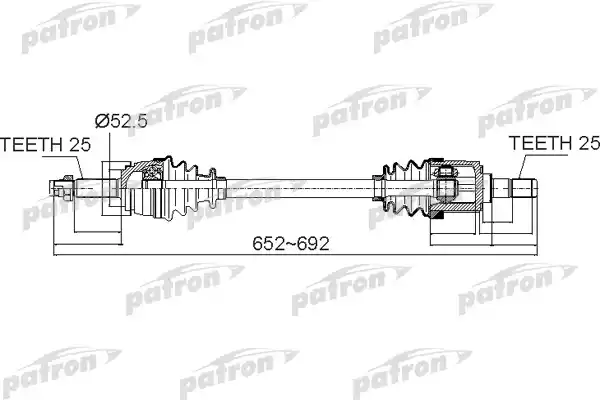 PATRON PDS0503 Полуось передний мост слева 25X652X52,5x25 HYUNDAI SOLARIS [SB] 10 - KIA RIO [DX] 11 -RUSSIA PLANT