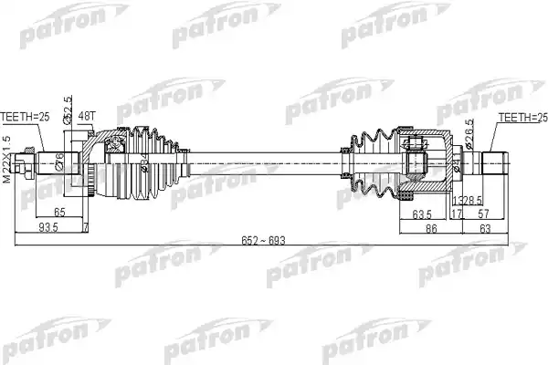 PATRON PDS0504 Полуось передний мост слева 25x652x52,5x25 ABS:48T HYUNDAI SOLARIS [SB] 11 - KIA RIO [DX] 11 -