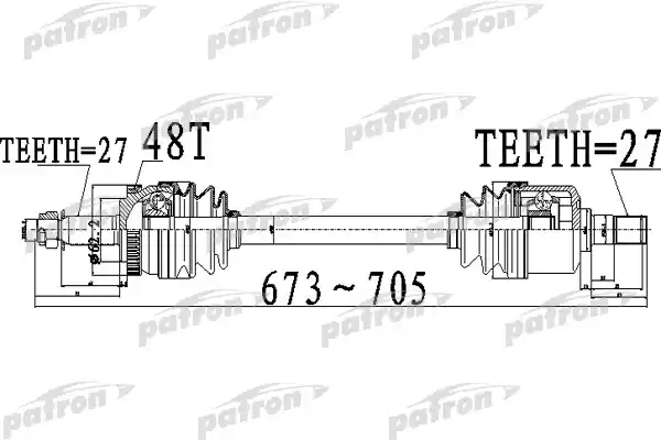 PATRON PDS0510 Полуось передний мост слева 27x673x62,2x27 ABS:48T HYUNDAI TUCSON 2.0 05-