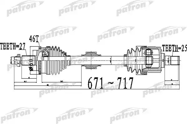 PATRON PDS0511 Полуось передний мост слева 27X671X60X25 ABS:46T KIA CERATO [TD] 08 -