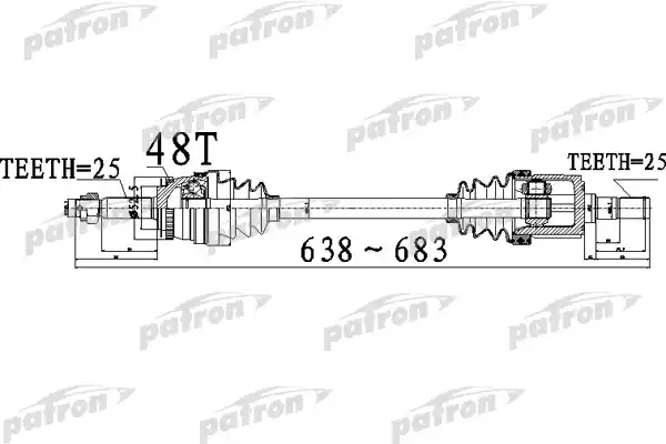 PATRON PDS0521 Полуось передний мост слева 25X638X52,5X25 ABS:48T KIA RIO [TC] 06 - АКПП