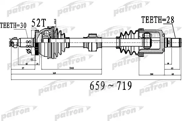 PATRON PDS0523 Полуось передний мост слева 30x659x88x28 ABS:52T KIA SORENTO [XM] 09 -
