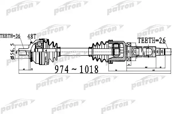 PATRON PDS0536 Полуось пер. прав. 36x974x56,5x26 ABS: 48T VOLVO S60 I 02-09 V70 II 00-08