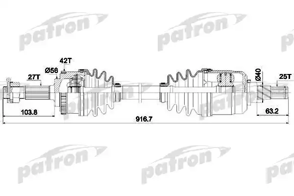 PATRON PDS1619 Полуось прав NISSAN: PRIMERA 1.6 90-96, PRIMERA Break 1.6 i 90-98, PRIMERA Traveller 1.6 i 90-98  920mm