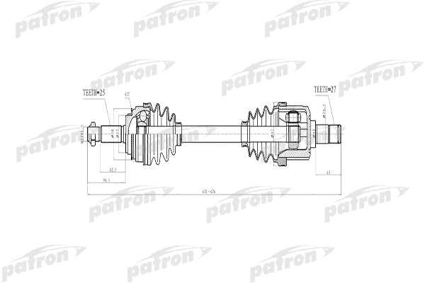 PATRON PDS4218 Полуось передняя левая 25x632x57x27 ABS:43T ЛЕВ MITSUBISHI: OUTLANDER 03-06 FWD