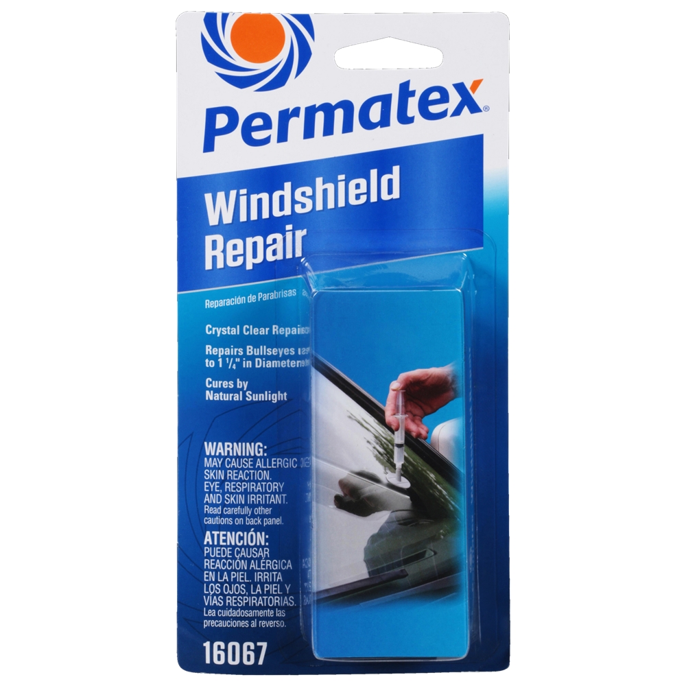 PERMATEX 16067 Набор для ремонта стекол для устранения сколов, звезд/паутин до 32мм bullseye windshield repair kit: присоска, пленка, шприц с булавкой и клеем (5гр, высыхает за 15 60 мин)