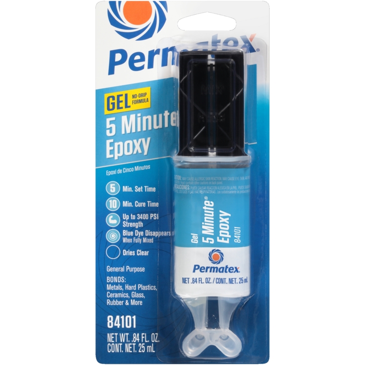 PERMATEX 84101 Клей 5 минутный многофункцион. эпоксидный клей для металла, резины, стекла, стеклопластика и пластмасс, эффективно заполняет сколы и трещины, 25 мл (шприц)